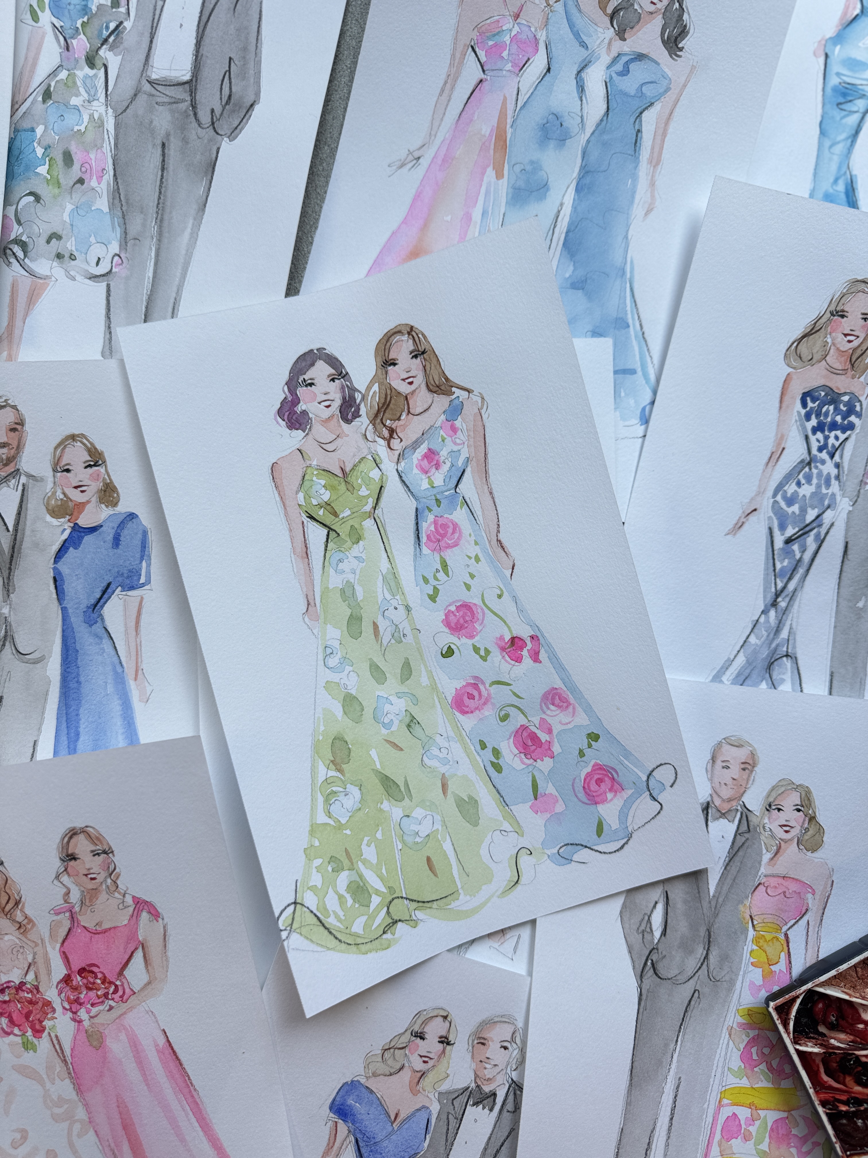Watercolor guest portraits created live for wedding guests by Elena Fay